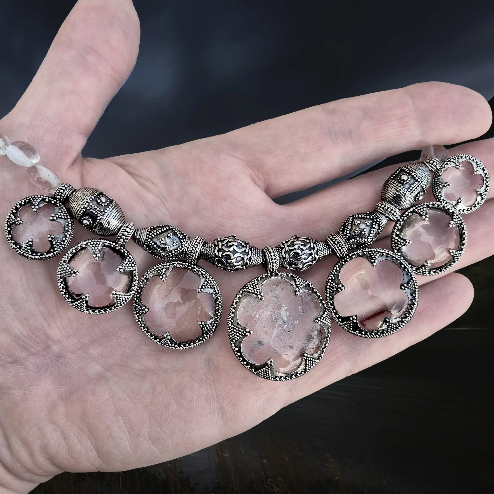 7 Lens Rock Crystal & Silver Filigree Necklace from Gotland with Large Central Quartz Crystal on Hand