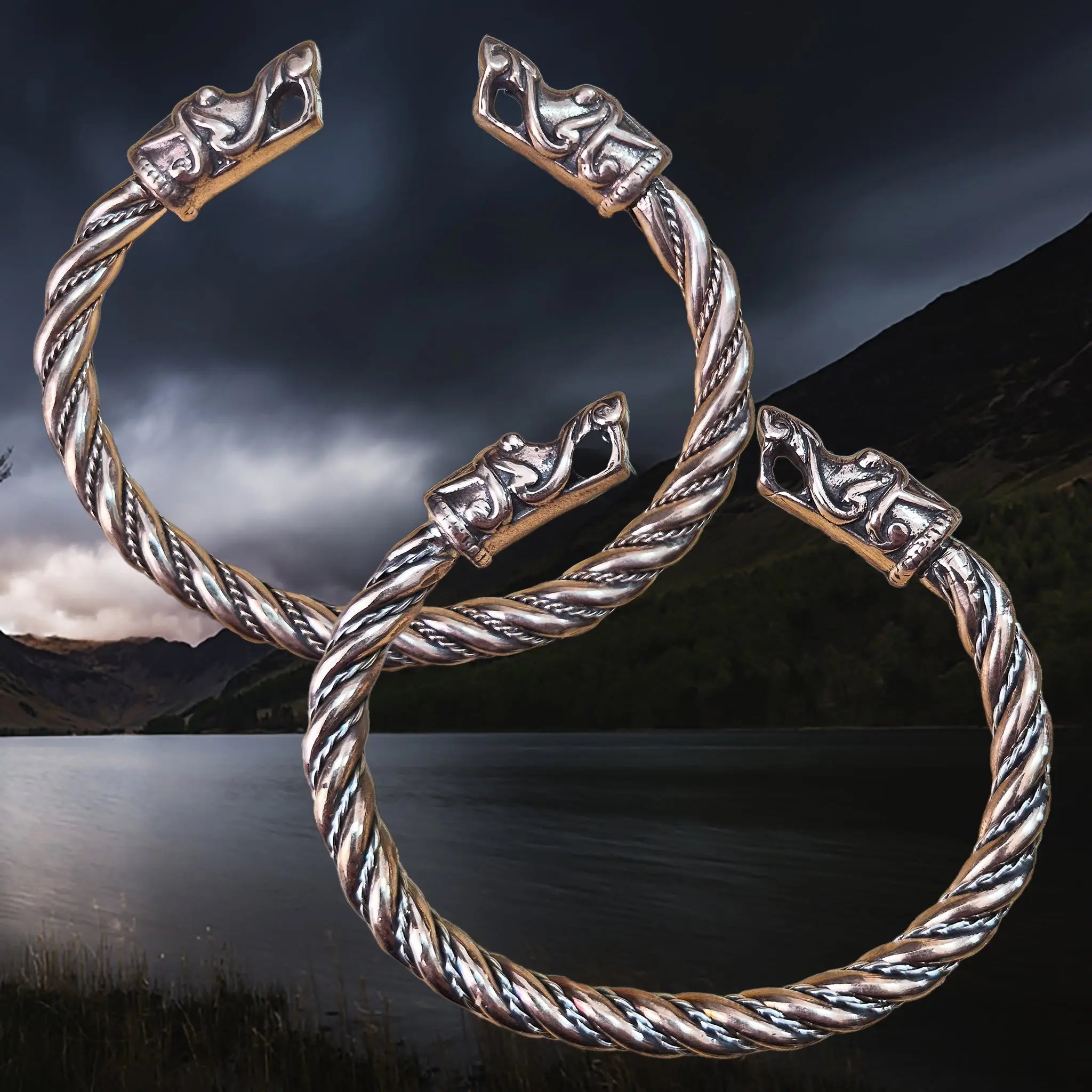 Handmade Twisted Bronze Bracelet With Gotlandic Dragon Heads, with Bronze & Silver Version