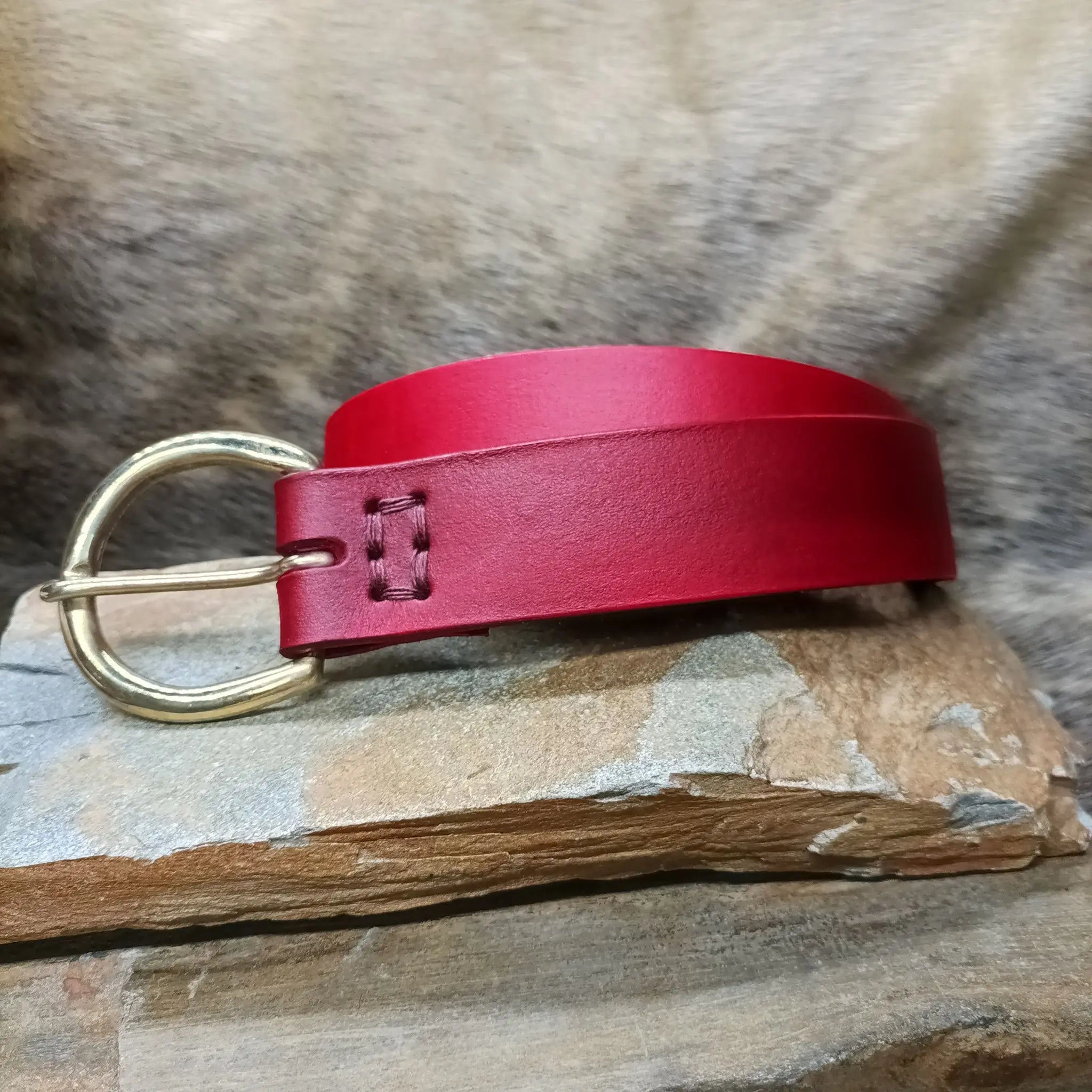Long Leather Viking Belt with Brass Buckle - 38mm Red - on Rock