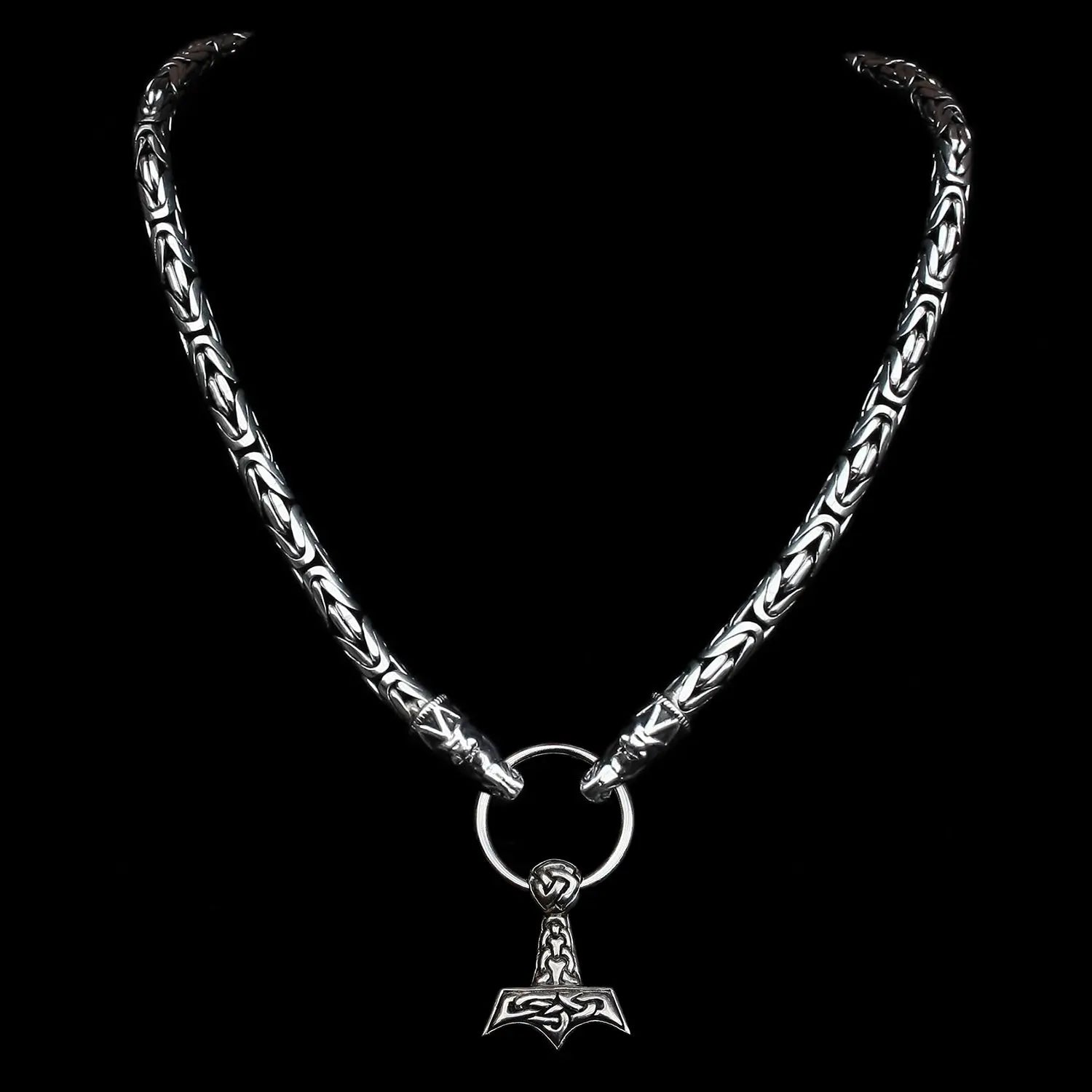 8mm Thick Silver King Chain Thors Hammer Necklace - Gotland Dragon Heads - Knotwork Thors Hammer