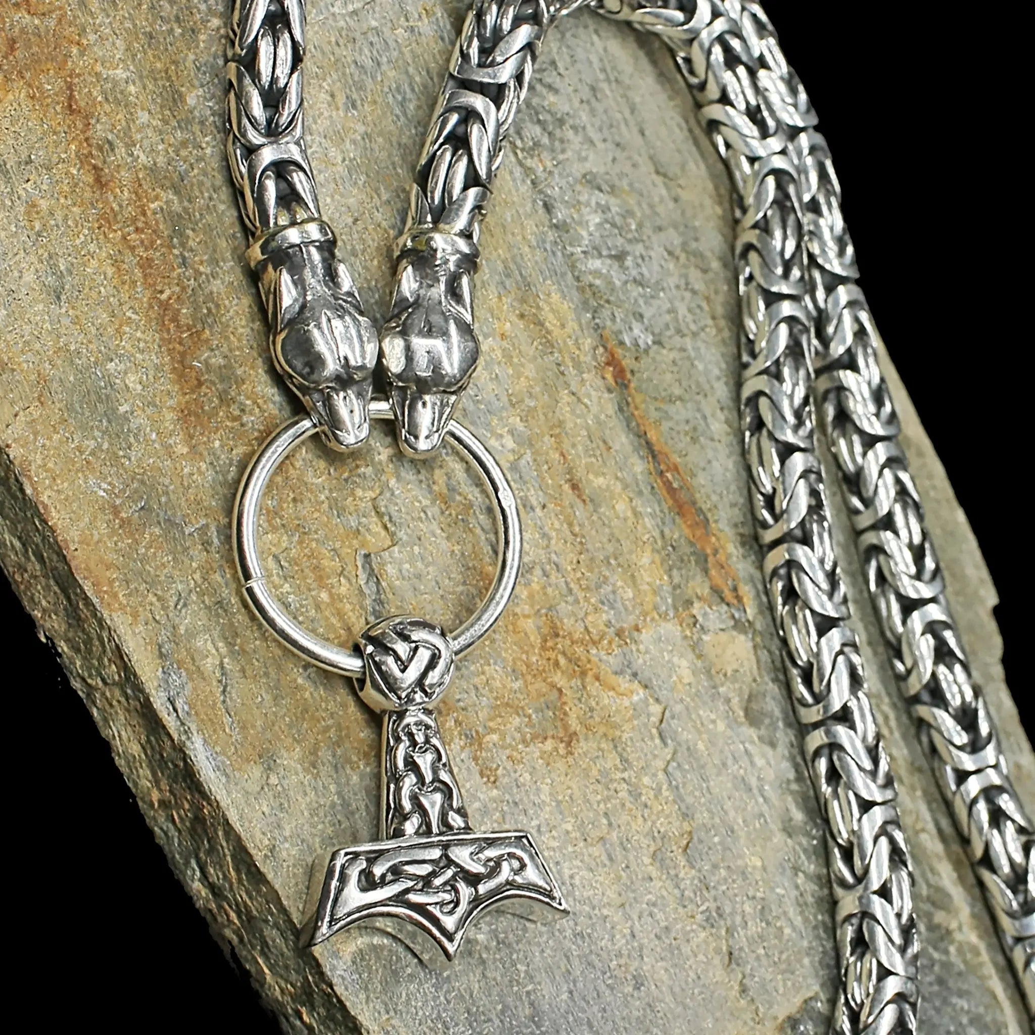 8mm Thick Silver King Chain Thors Hammer Necklace - Ferocious Wolf Heads - Split Ring - Knotwork Thors Hammer