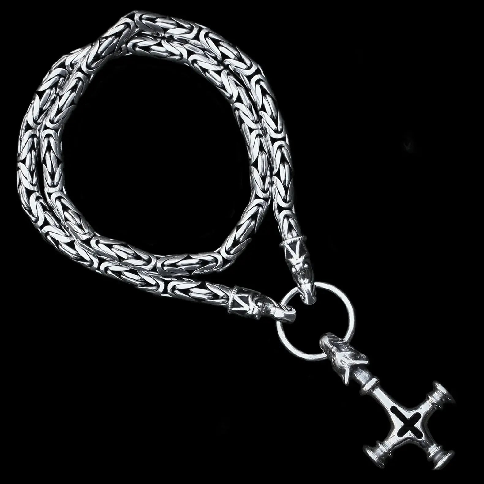 8mm Thick Silver King Chain Thors Hammer Necklace - Gotland Dragon Heads - Large Icelandic Wolf Thors Hammer