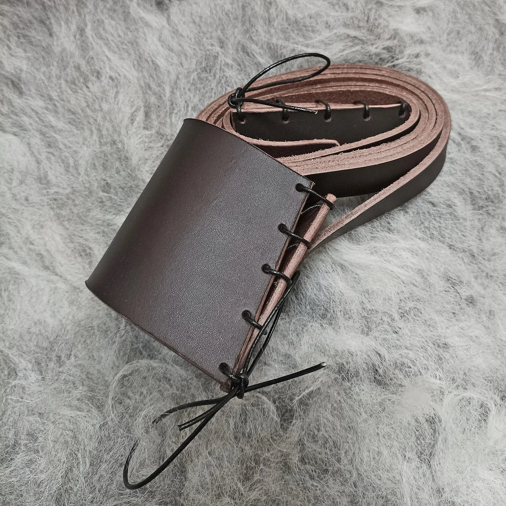 Brown Leather Shoulder Strap for Viking Drinking / Blowing Horn on Wool - Wound Up