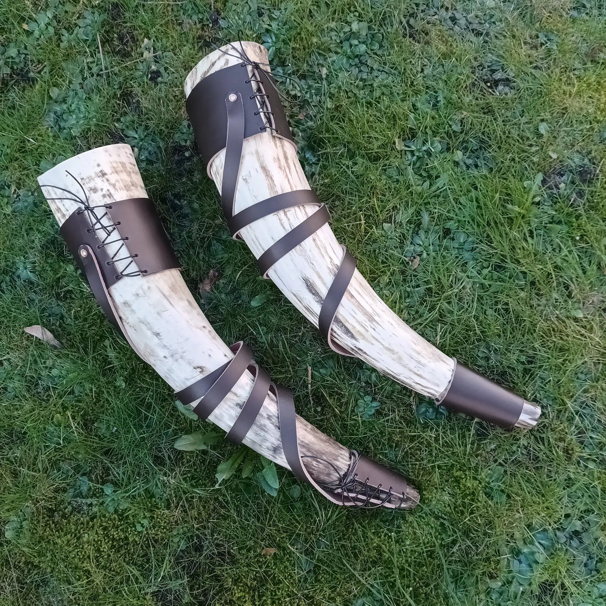 Large Viking Blowing Horns with Custom Made Brown Leather Shoulder Straps